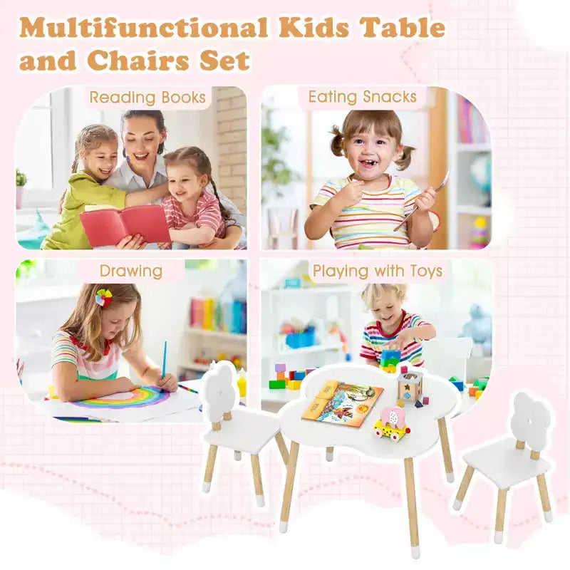 Ensemble table et 2 chaises pour enfants en forme de fleur, pieds en pin massif rose/blanc