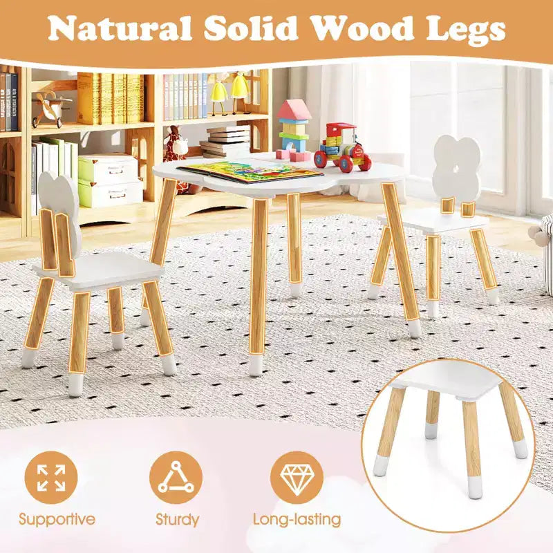 Ensemble table et 2 chaises pour enfants en forme de fleur, pieds en pin massif rose/blanc