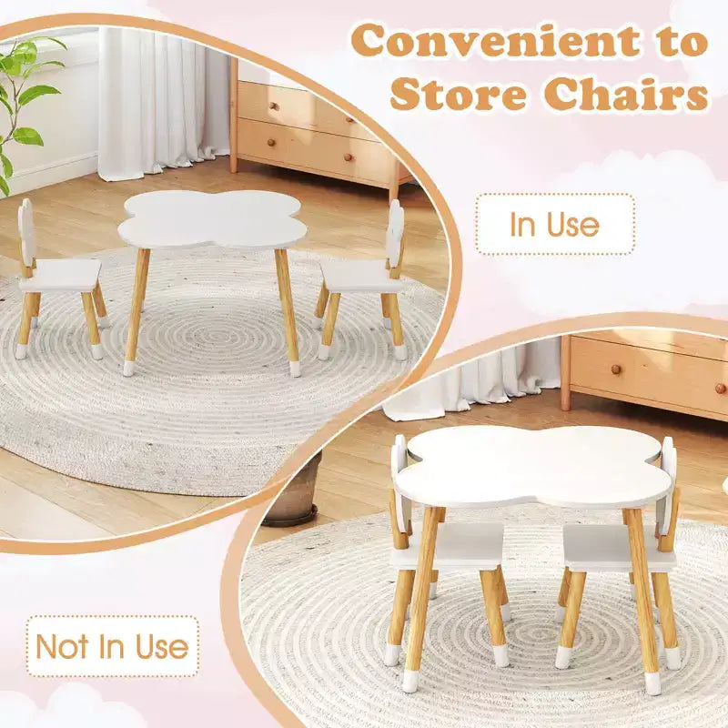 Ensemble table et 2 chaises pour enfants en forme de fleur, pieds en pin massif rose/blanc