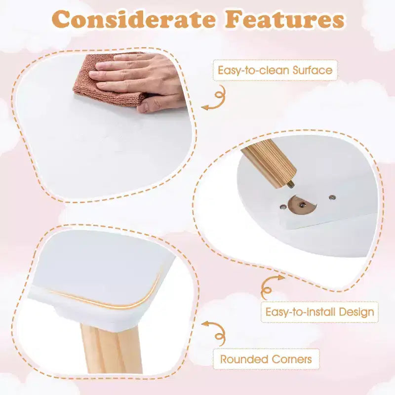 Ensemble table et 2 chaises pour enfants en forme de fleur, pieds en pin massif rose/blanc