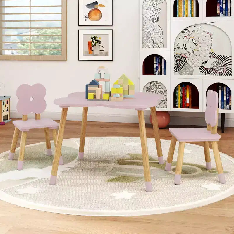 Ensemble table et 2 chaises pour enfants en forme de fleur, pieds en pin massif rose/blanc