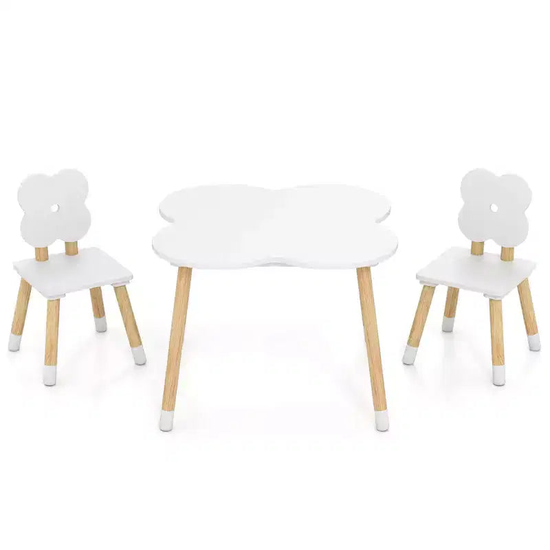 Ensemble table et 2 chaises pour enfants en forme de fleur, pieds en pin massif rose/blanc
