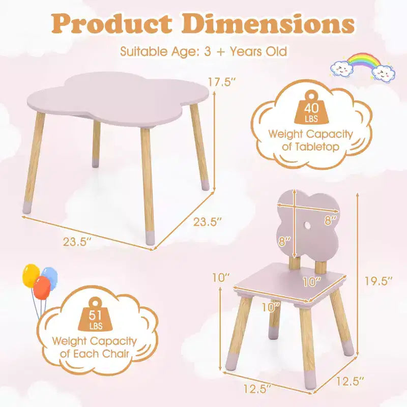 Ensemble table et 2 chaises pour enfants en forme de fleur, pieds en pin massif rose/blanc