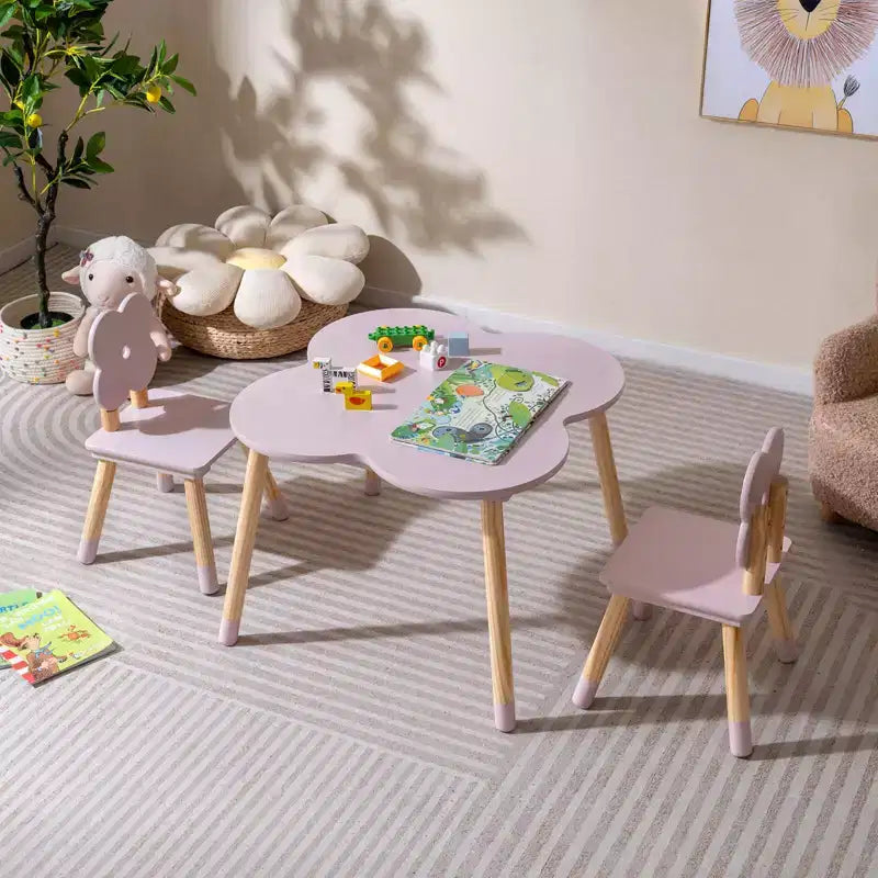 Ensemble table et 2 chaises pour enfants en forme de fleur, pieds en pin massif rose/blanc