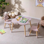 Ensemble table et 2 chaises pour enfants en forme de fleur, pieds en pin massif rose/blanc
