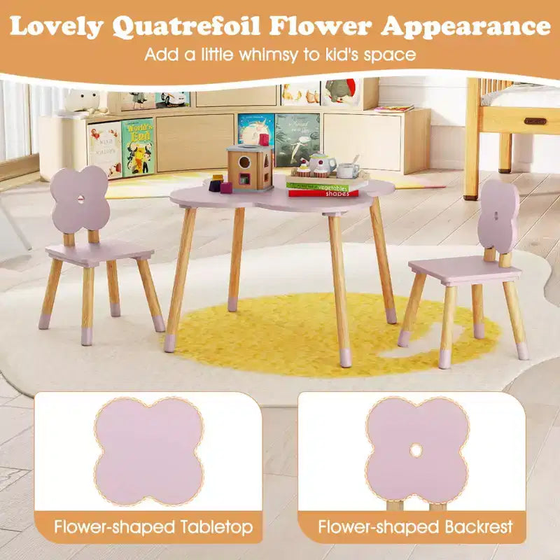 Ensemble table et 2 chaises pour enfants en forme de fleur, pieds en pin massif rose/blanc