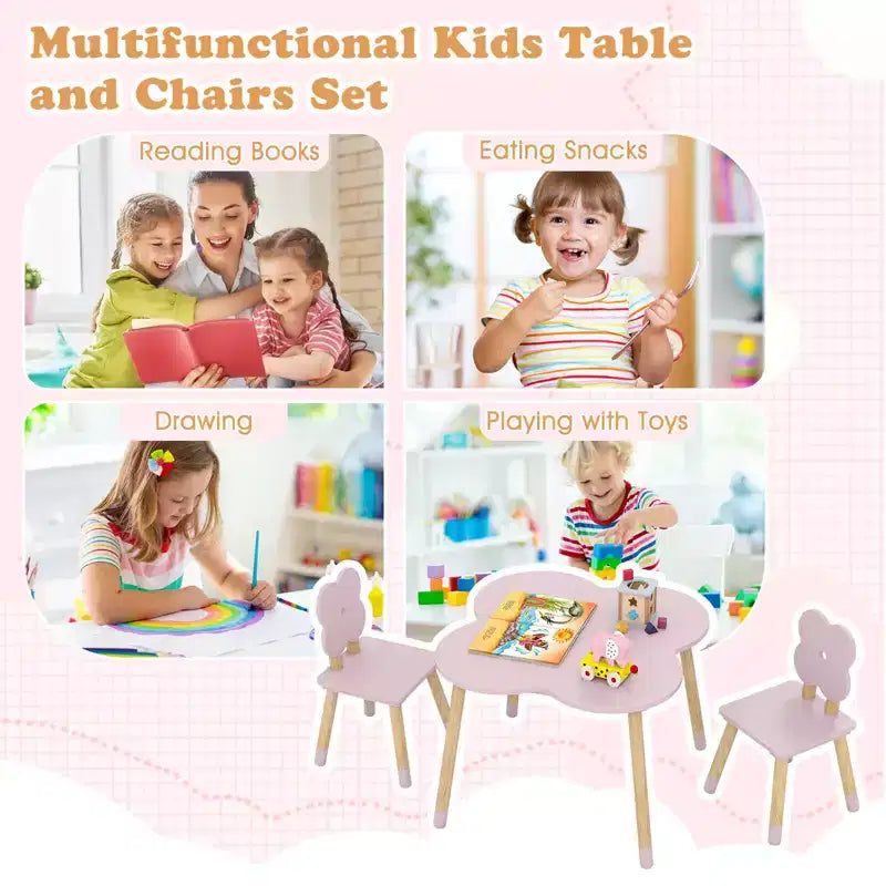 Ensemble table et 2 chaises pour enfants en forme de fleur, pieds en pin massif rose/blanc