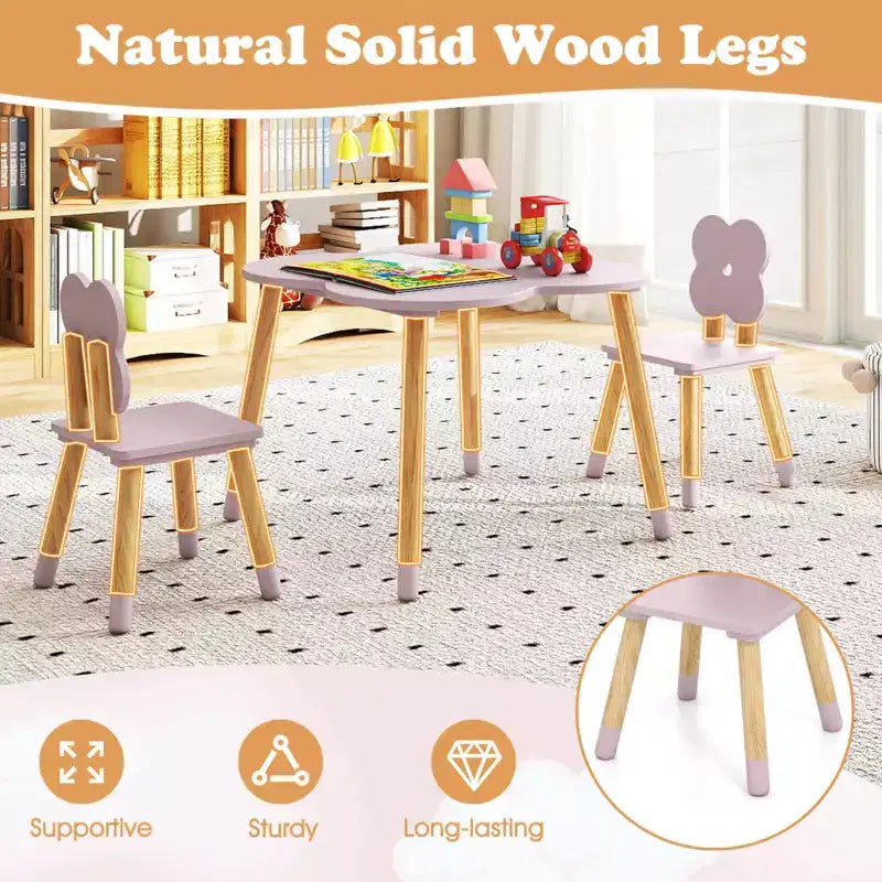 Ensemble table et 2 chaises pour enfants en forme de fleur, pieds en pin massif rose/blanc