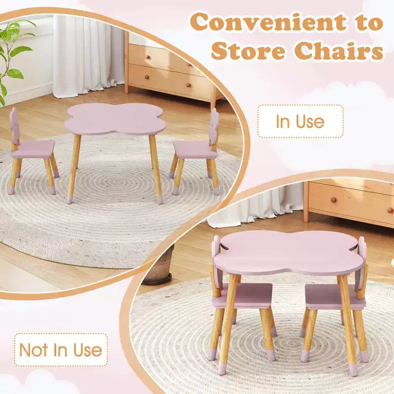 Ensemble table et 2 chaises pour enfants en forme de fleur, pieds en pin massif rose/blanc