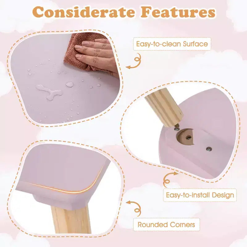 Ensemble table et 2 chaises pour enfants en forme de fleur, pieds en pin massif rose/blanc