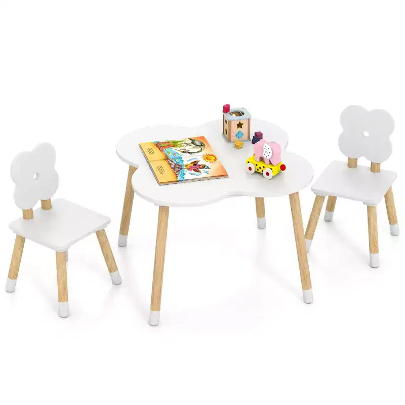 Ensemble table et 2 chaises pour enfants en forme de fleur, pieds en pin massif rose/blanc