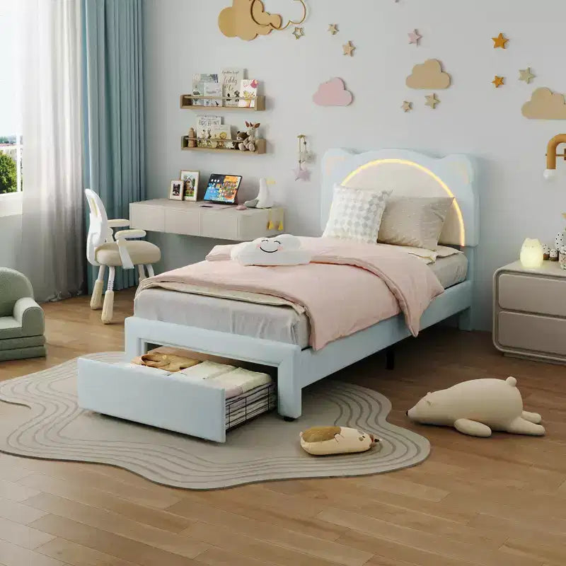 Cadre de lit simple, cadre de lit rembourré avec tête de lit réglable et LED intelligente, support de lattes en bois, pas besoin de sommier tapissier.