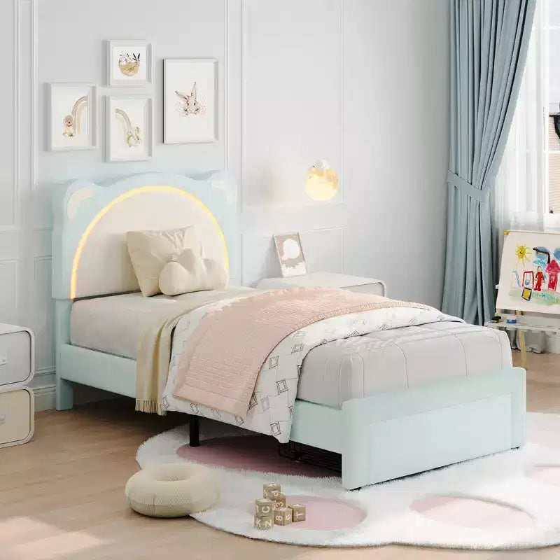 Cadre de lit simple, cadre de lit rembourré avec tête de lit réglable et LED intelligente, support de lattes en bois, pas besoin de sommier tapissier.