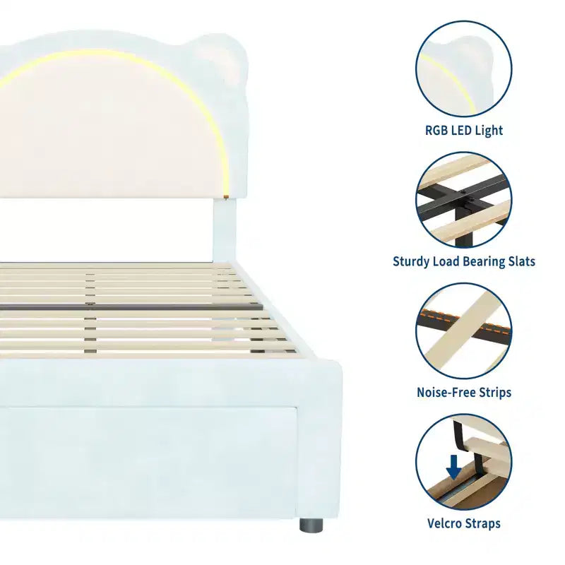 Cadre de lit simple, cadre de lit rembourré avec tête de lit réglable et LED intelligente, support de lattes en bois, pas besoin de sommier tapissier.