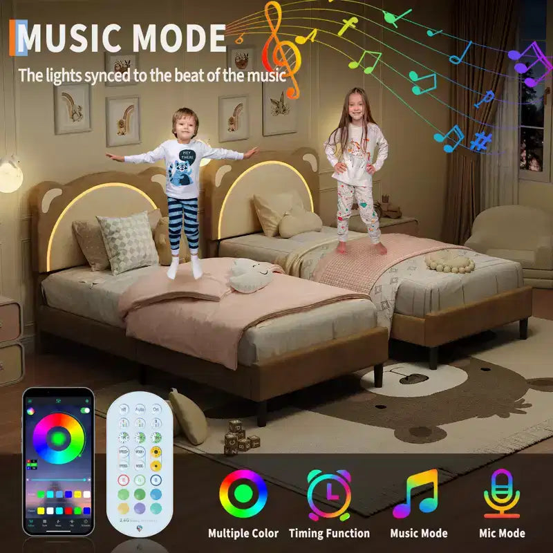 Cadre de lit simple, cadre de lit rembourré avec tête de lit réglable et LED intelligente, support de lattes en bois, pas besoin de sommier tapissier.