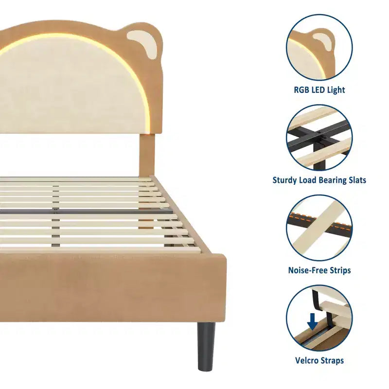 Cadre de lit simple, cadre de lit rembourré avec tête de lit réglable et LED intelligente, support de lattes en bois, pas besoin de sommier tapissier.