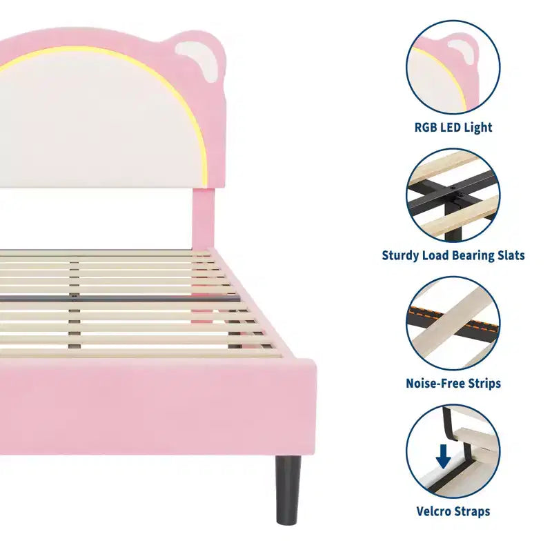 Cadre de lit simple, cadre de lit rembourré avec tête de lit réglable et LED intelligente, support de lattes en bois, pas besoin de sommier tapissier.
