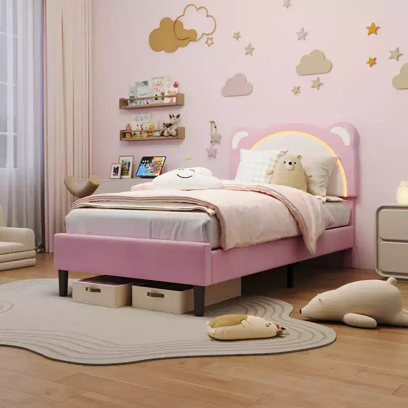 Cadre de lit simple, cadre de lit rembourré avec tête de lit réglable et LED intelligente, support de lattes en bois, pas besoin de sommier tapissier.