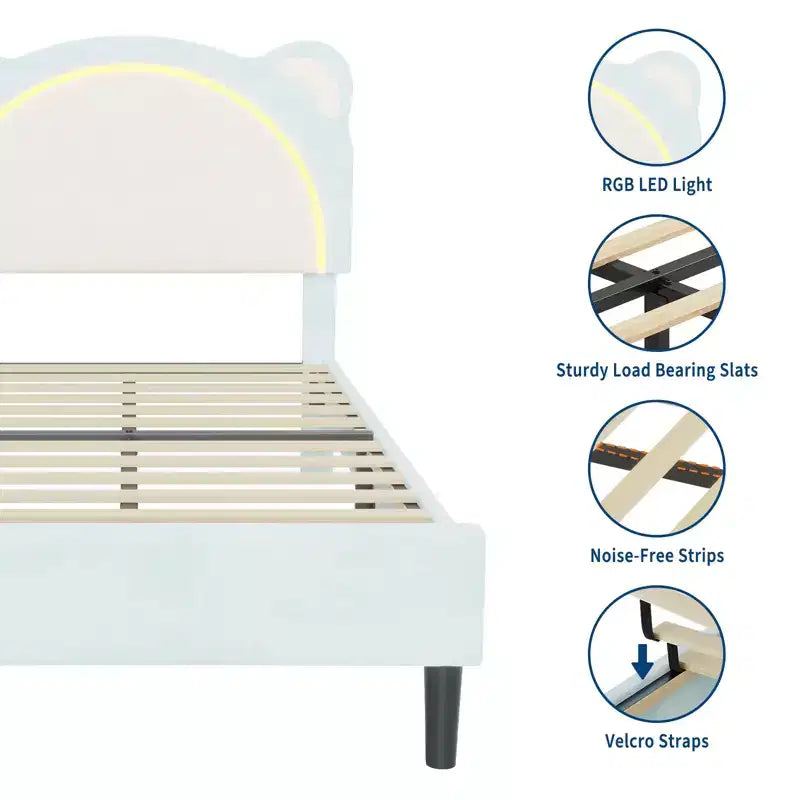 Cadre de lit simple, cadre de lit rembourré avec tête de lit réglable et LED intelligente, support de lattes en bois, pas besoin de sommier tapissier.