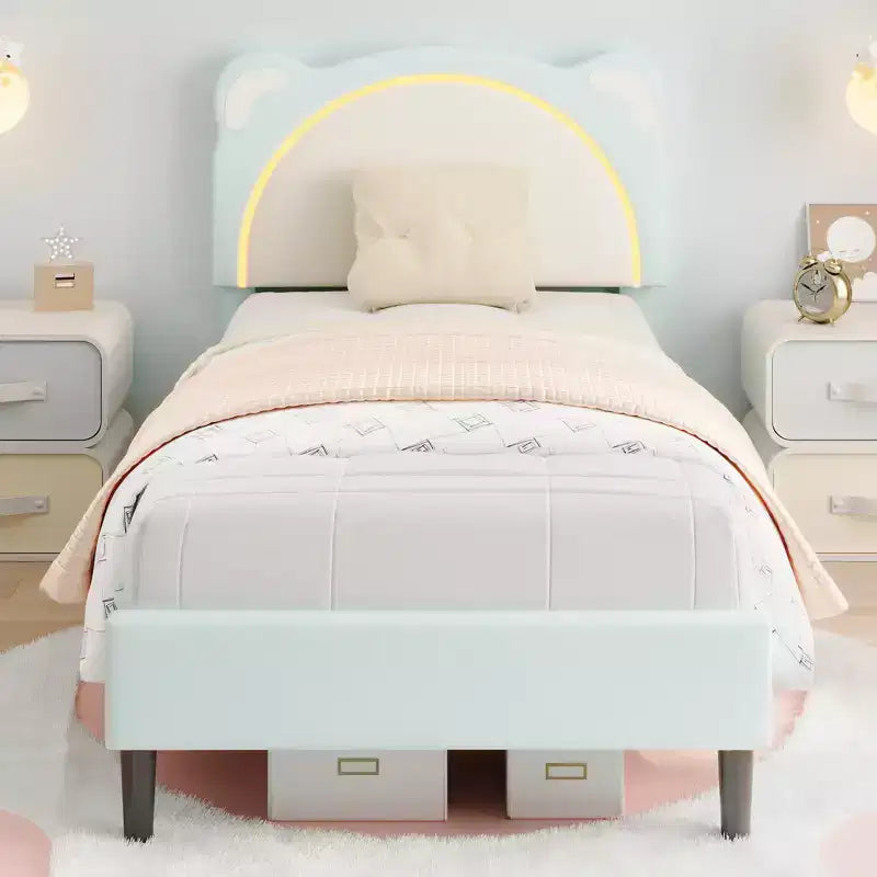Cadre de lit simple, cadre de lit rembourré avec tête de lit réglable et LED intelligente, support de lattes en bois, pas besoin de sommier tapissier.
