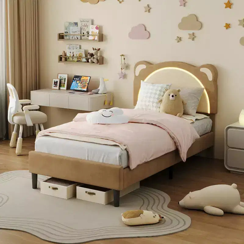 Cadre de lit simple, cadre de lit rembourré avec tête de lit réglable et LED intelligente, support de lattes en bois, pas besoin de sommier tapissier.