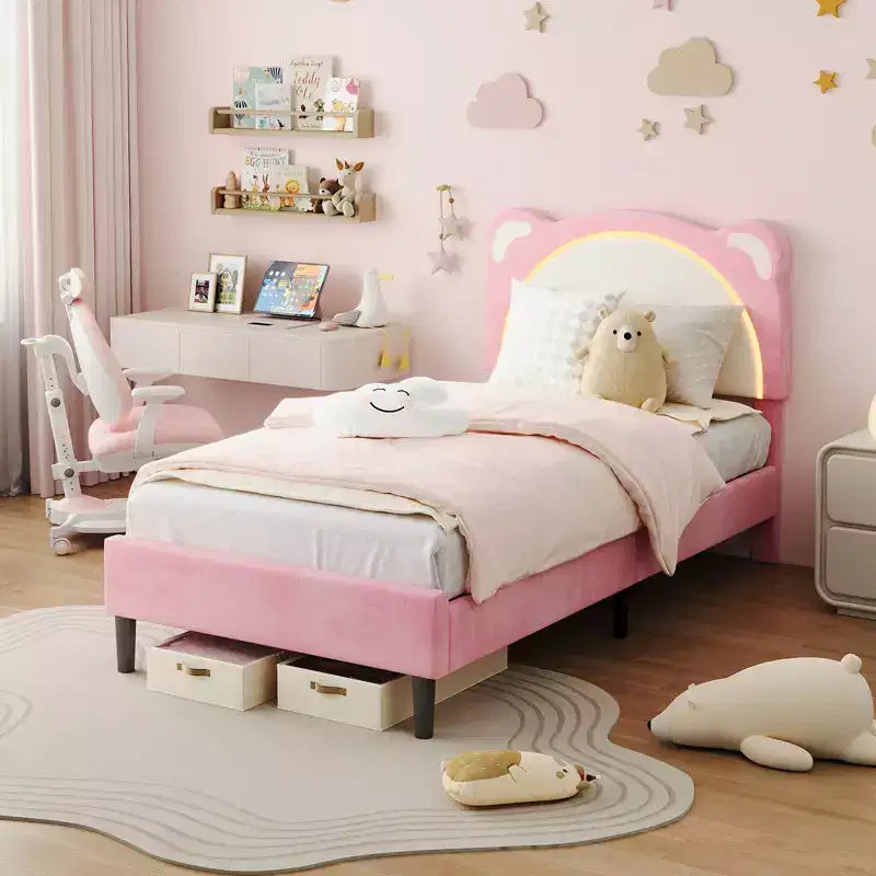 Cadre de lit simple, cadre de lit rembourré avec tête de lit réglable et LED intelligente, support de lattes en bois, pas besoin de sommier tapissier.