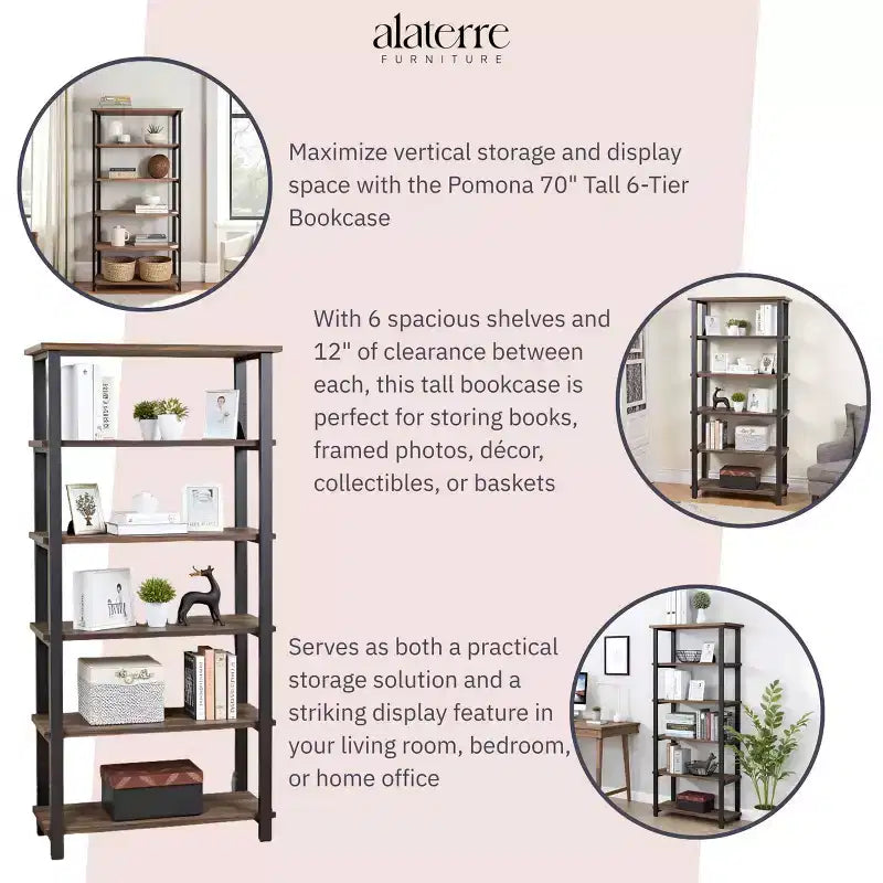 Étagère 5 tablettes Pomona 70 po en métal et bois massif, naturelle